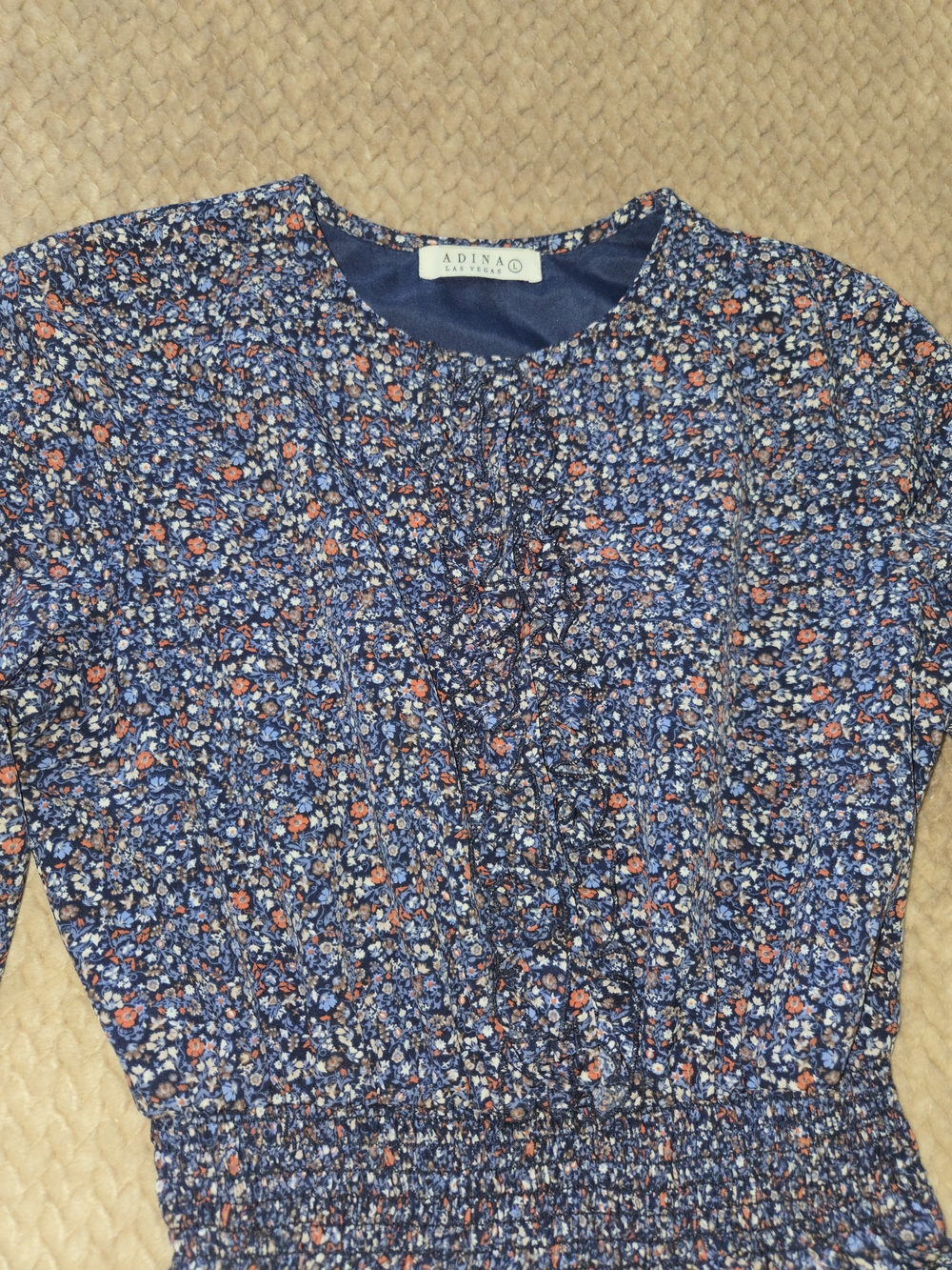 Adina Las Vegas Blue Floral Cottagecore Prairie Smocked Ruffle Midi Dress L - Picture 6 of 15